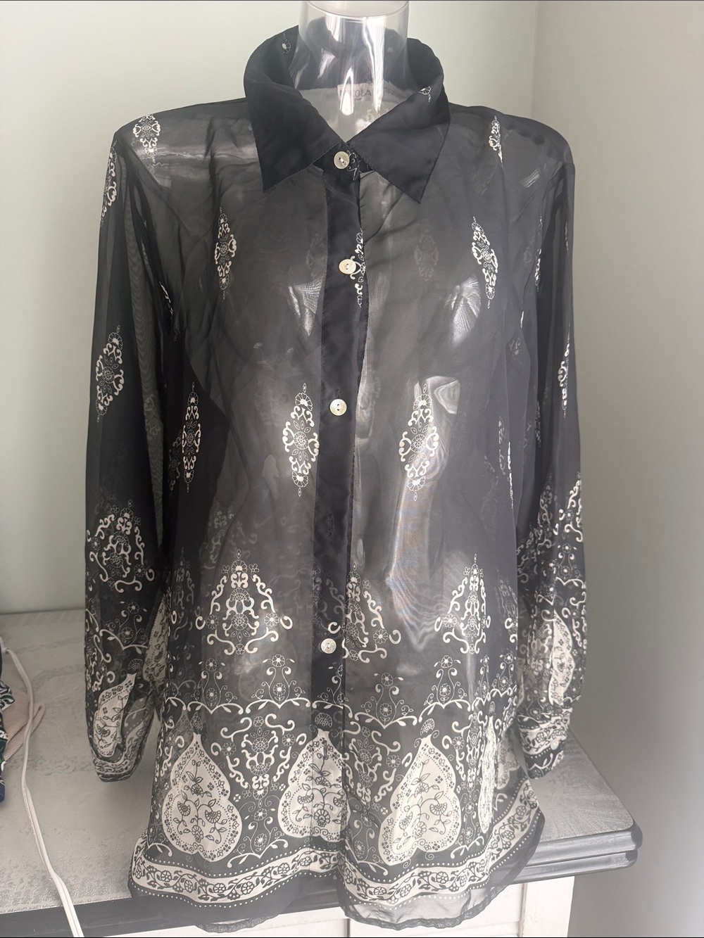 NICOLA Black Sheer Button-Down Blouse with White Paisley Print